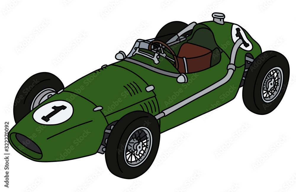 The hand drawing of a vintage green racecar