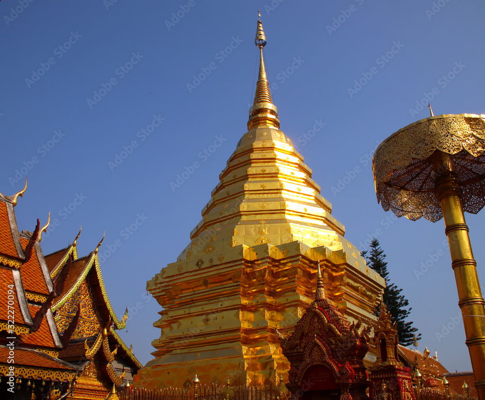 Fototapeta premium Beautifully decorated facade of Wat Phrathat Doi Southep in Chiangmai Thailand 