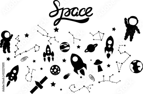 Space, planet , stars vector isolated illustration on white background . Concept for logo, icon , prin 