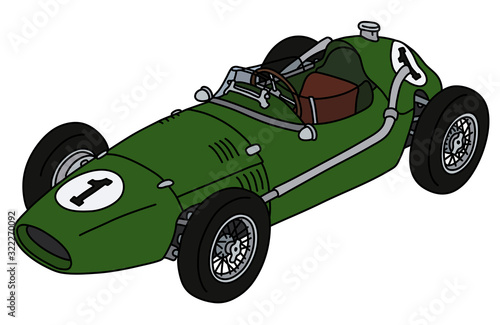 The hand drawing of a vintage green racecar