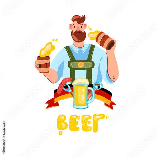 Vector hand drawn logo with happy man with beard in traditional German costume holding two mugs of beer. Flat style illustration with flag, glass, opener, sausage. Isolated on white. photo