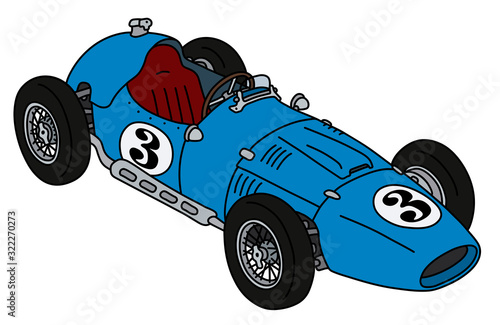 The hand drawing of a vintage blue racecar