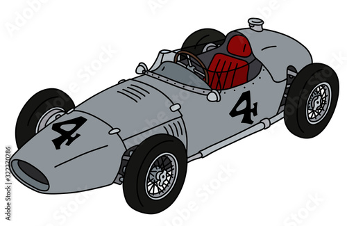 The hand drawing of a vintage silver racecar