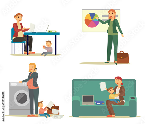 Multitasking businesswoman working, housekeeping and taking care of child vector. Pregnant woman work at laptop, female analyzing graphics. Wife washing clothes, making report and playing with kid