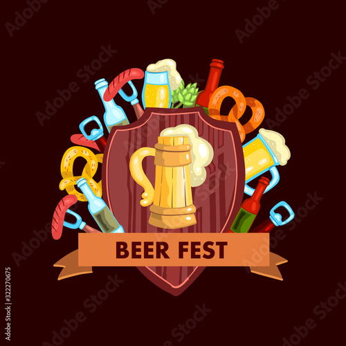 Vector hand drawn Oktoberfest pub logo with pretzel, mug with beer, hop, bottles, fork with sausage, bottle opener and wooden shield. Isolated on brown.