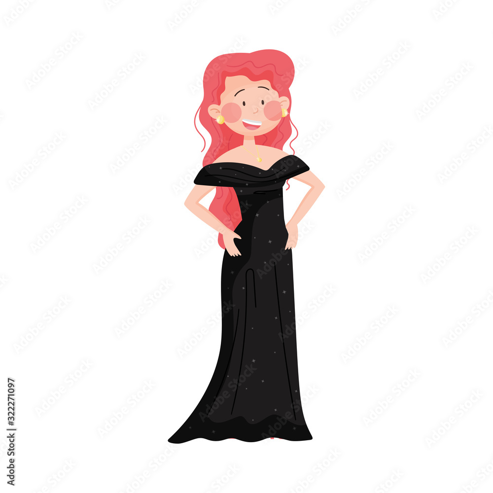 Young Woman Wearing Evening Dress Posing at Red Carpet Event Vector Illustration