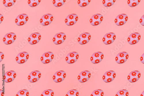 Red Easter eggs on the background. Festive preparation, pattern, repetition, banner.