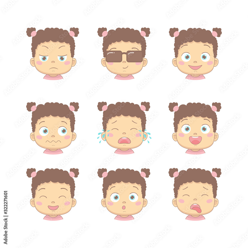 Set of cute cartoon baby with different funny emotions in flat design  cartoon character. Cute children with dissatisfied, business, smiling,  crying, laughing, smiling and disgusted face. Stock Vector | Adobe Stock