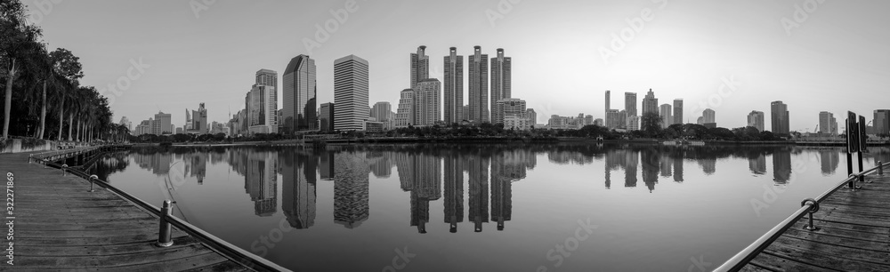 Bangkok city downtown at dawn with reflection of skyline