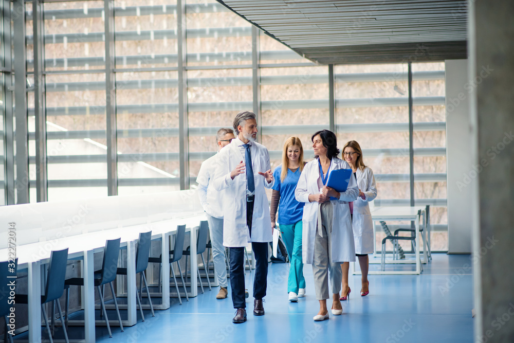 Group of doctors walking in corridor on medical conference. Group of doctors walking in corridor on medical conference.