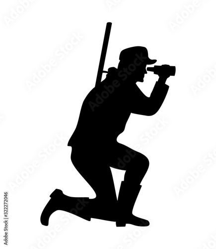 Hunter with gun looks through binoculars. Vector silhouette icon