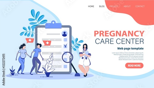 Doctor meets future parents in pregnancy care clinic. Pregnancy. Testing patient card. Template for website, landing page. Flat vector illustration.