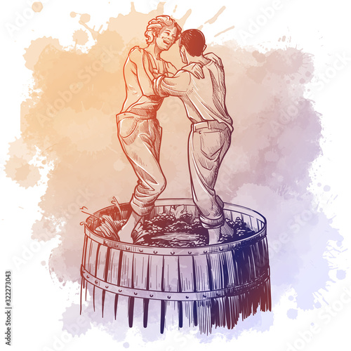 Grapes pressing by barefoot farm boys. Eco-friendly postindustrial farming.Linear drawing isolated on a grunge watercolor spot. EPS10 vector illustration