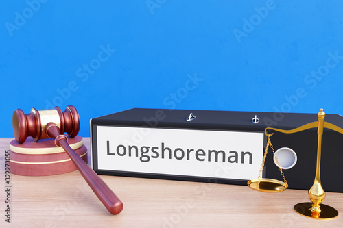 Longshoreman – Folder with labeling, gavel and libra – law, judgement, lawyer photo