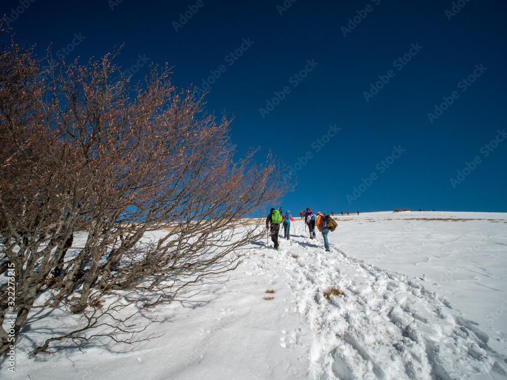 Group of hikers reaches the summit of Mutria Mount peak on mountain range of the Campania Apennines