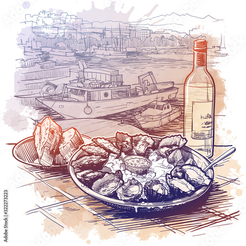 Oysters served on ice with a bottle of white wine and fresh bread. Panorama of the marina with boats on a background. La Spezia, Italy. Linear sketch on a watercolor textured background. EPS10 vector