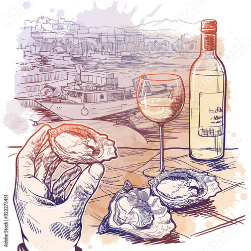 Still life drawing witha a hand holding oyster a bottle of white wine and a couple of oysters laying on a table. Panorama of La Spezia, Italy. Sketch on a watercolor textured background. EPS10 vector