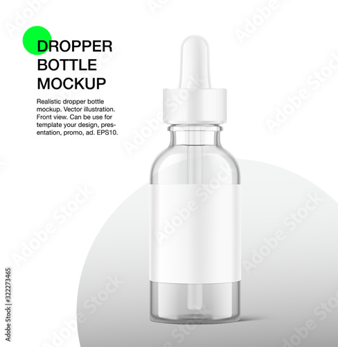 Dropper bottle mockup on grey background. Vector illustration. Front view. Сan be used for cosmetic, medical and other needs. EPS10	