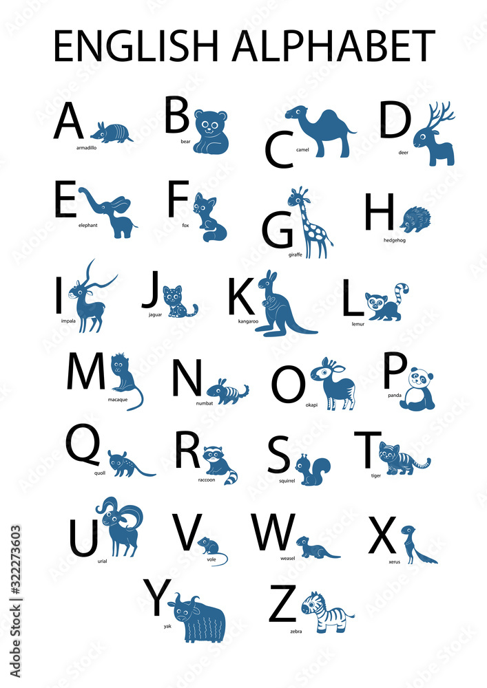 Vector english alphabet and hand drawn animals in cartoon style isolated on the white background.