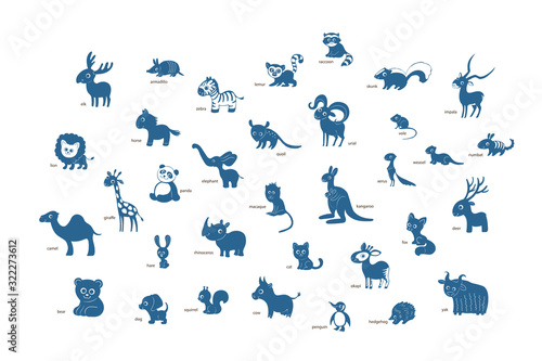 Vector set of cartoon animals isolated on awhite background. Armadillo, bear, camel, deer, elephant, fox, giraffe, hedgehog, impala, jaguar, kangaroo, lemur © caterina_k