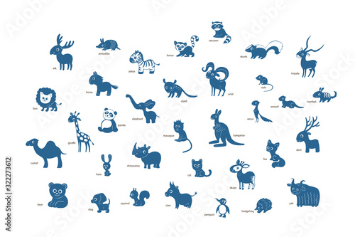 Vector set of cartoon animals isolated on awhite background. Armadillo, bear, camel, deer, elephant, fox, giraffe, hedgehog, impala, jaguar, kangaroo, lemur