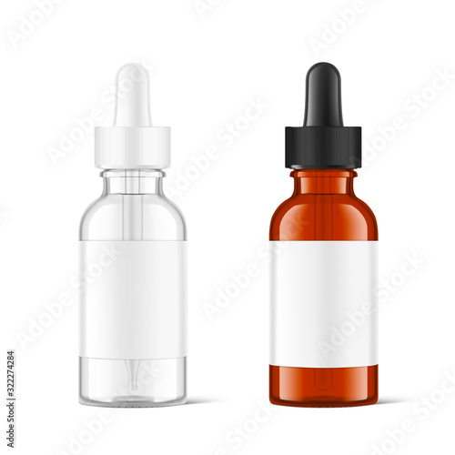 Dropper bottle mockup isolated on white background. Vector illustration. Front view. Сan be used for cosmetic, medical and other needs. EPS10	
