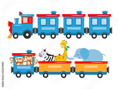 Elephant, zebra, giraffe and monkeys, jungle animals, travel on a fun train in colorful carriages