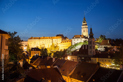 Beautiful view to church and castle in Cesky Krumlov at night, Czech republic