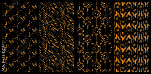 Set of gold geometric abstract seamless patterns. Vintage style design with elements of art deco, chinese lanterns, butterflies and flowers