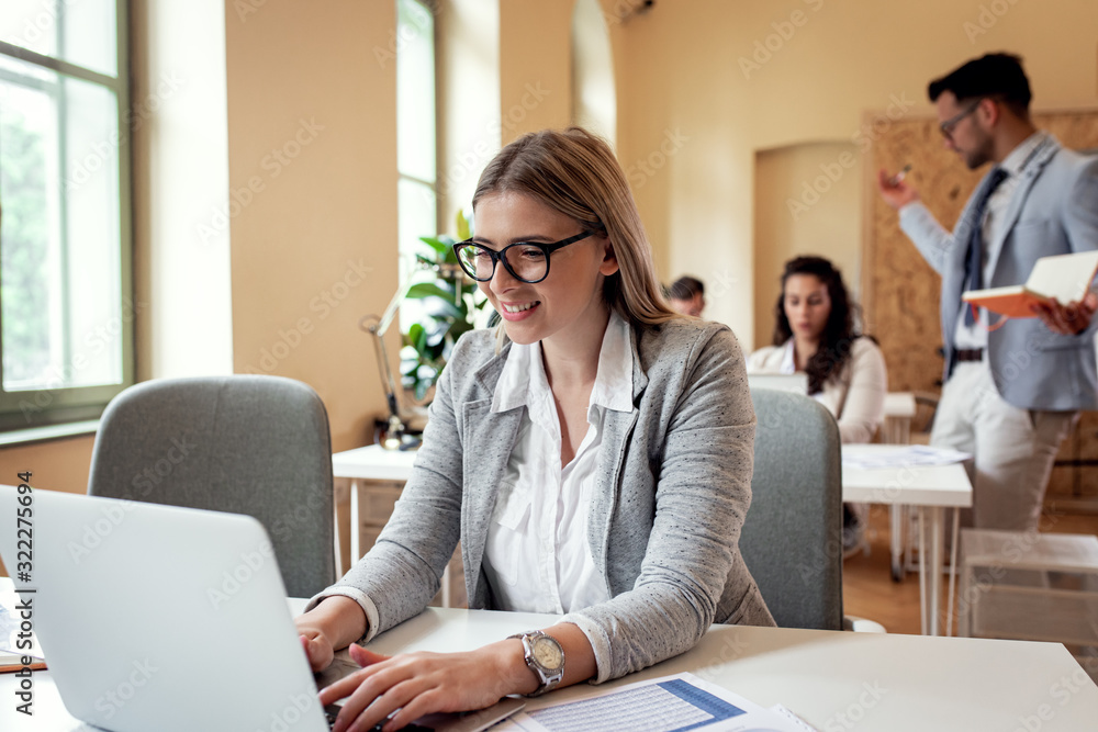 Portrait of young businesswoman working on a laptop at the office. Portrait of young businesswoman working on a laptop at the office.