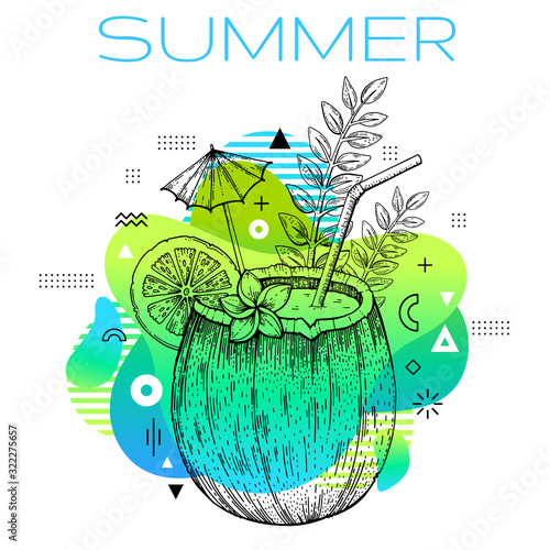 Hello summer, memphis poster with hand drawn coconut, trendy line art concept in spectrum rainbow color for luau party, neon music cover, fashion event, t-shirt print. Contemporary vector illustration