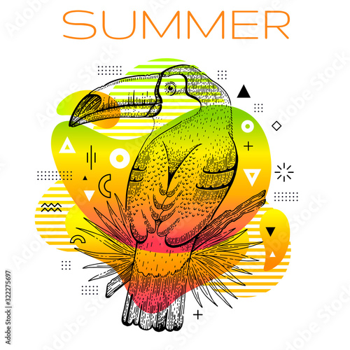Hello summer poster with hand drawn toucan bird, trendy line art concept in spectrum rainbow color for music party cover, fashion event flyer, t-shirt print. Futuristic vector illustration background