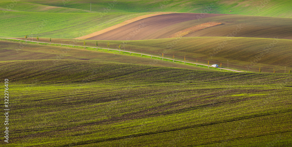 Beautiful colorful autumn landscape with white car in curved fields in south moravia