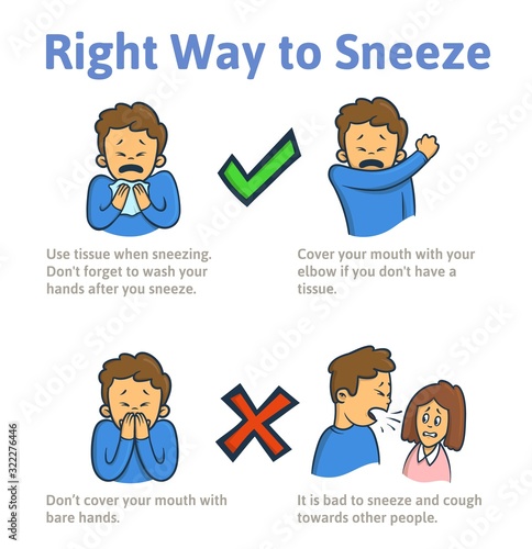 Right ways of sneezing and coughing. Infoposter with cartoon characters. Cartoon style flat vector illustration. Isolated on white background.