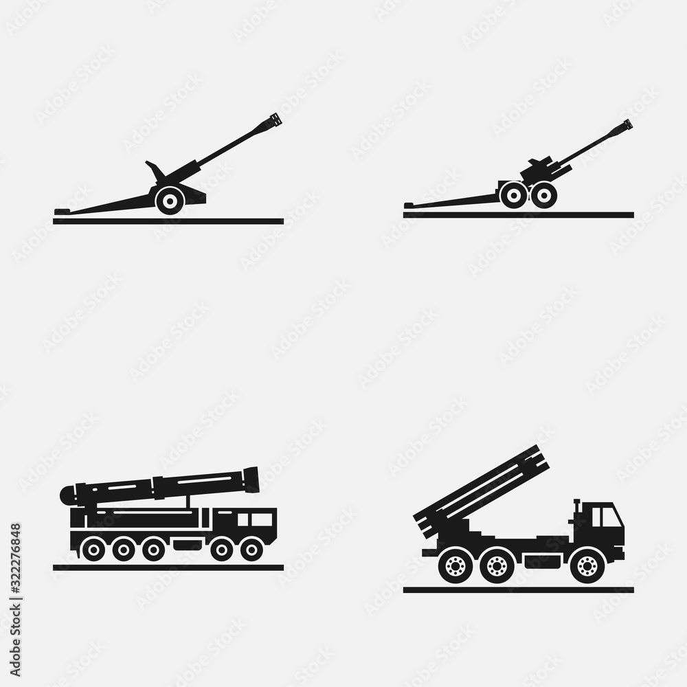 Set of artillery flat vector icons. Includes such elements as multiple