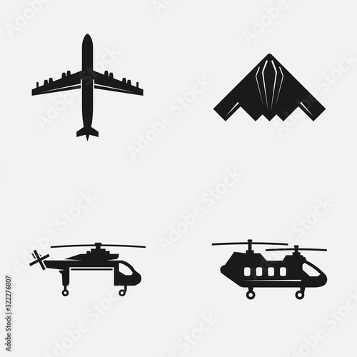 Set of military top view aircrafts and side view cargo helicopters black and white vector icons.