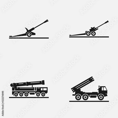 Set of artillery flat vector icons. Includes such elements as multiple launch rocket systems, howitzer and other military equipment.