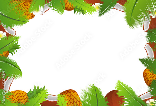 Tropical template of a frame for a banner with palm leaves pineapple and coconuts.Poster whole and broken nut.