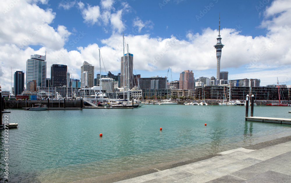 Auckland New Zealand. Harbour with yachts and boats. Skytower
