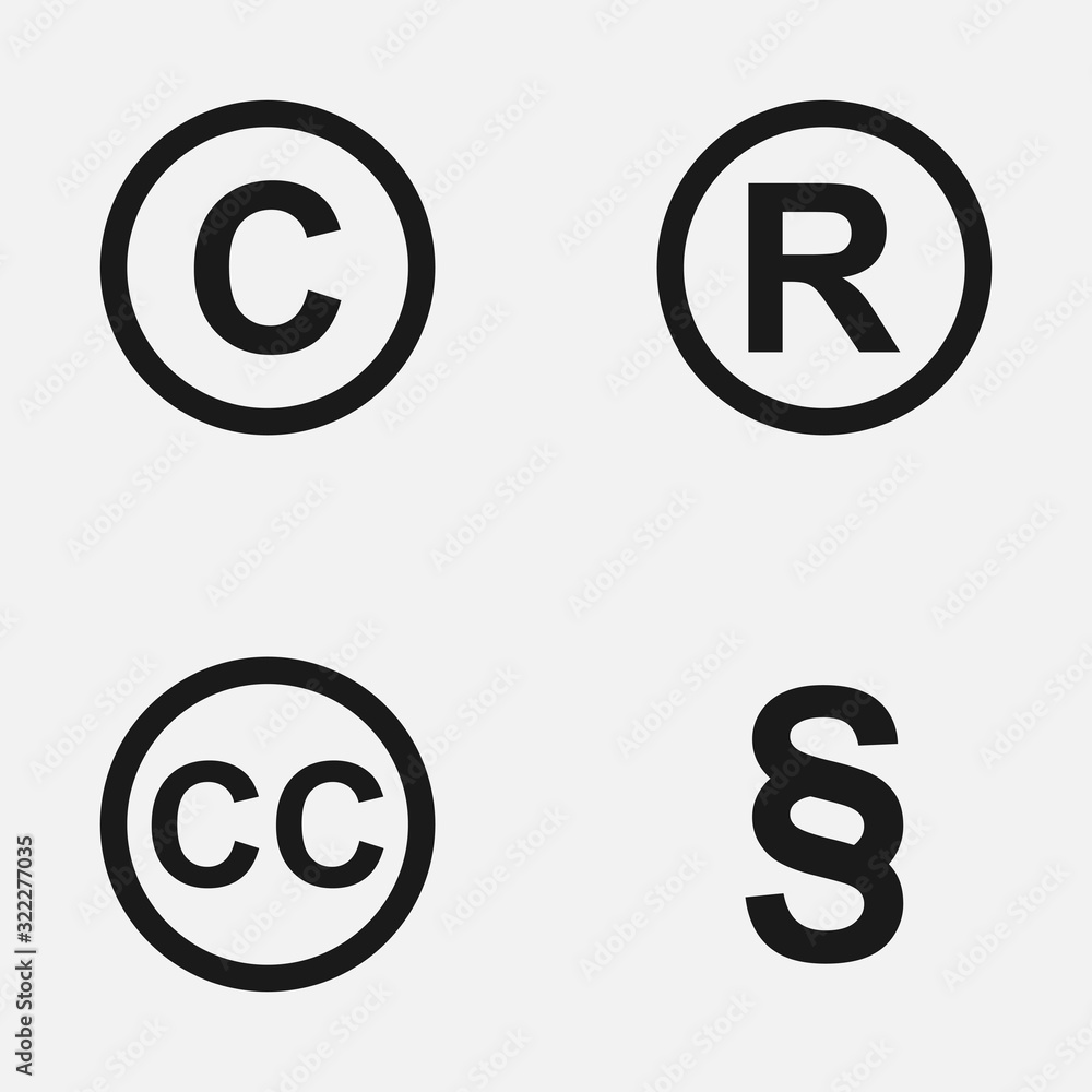 Set of copyright, registered trademark, patent and creative commons symbols vector icons. Set of copyright, registered trademark, patent and creative commons symbols vector icons.