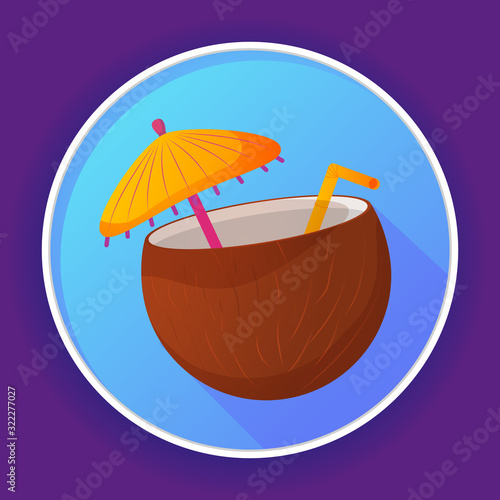 Beach cocktail coco icon.Pina colada in coconut  with straw, umbrella,flower.Summer tropical concept of a banner.Cartoon illustration vector icon for web design.