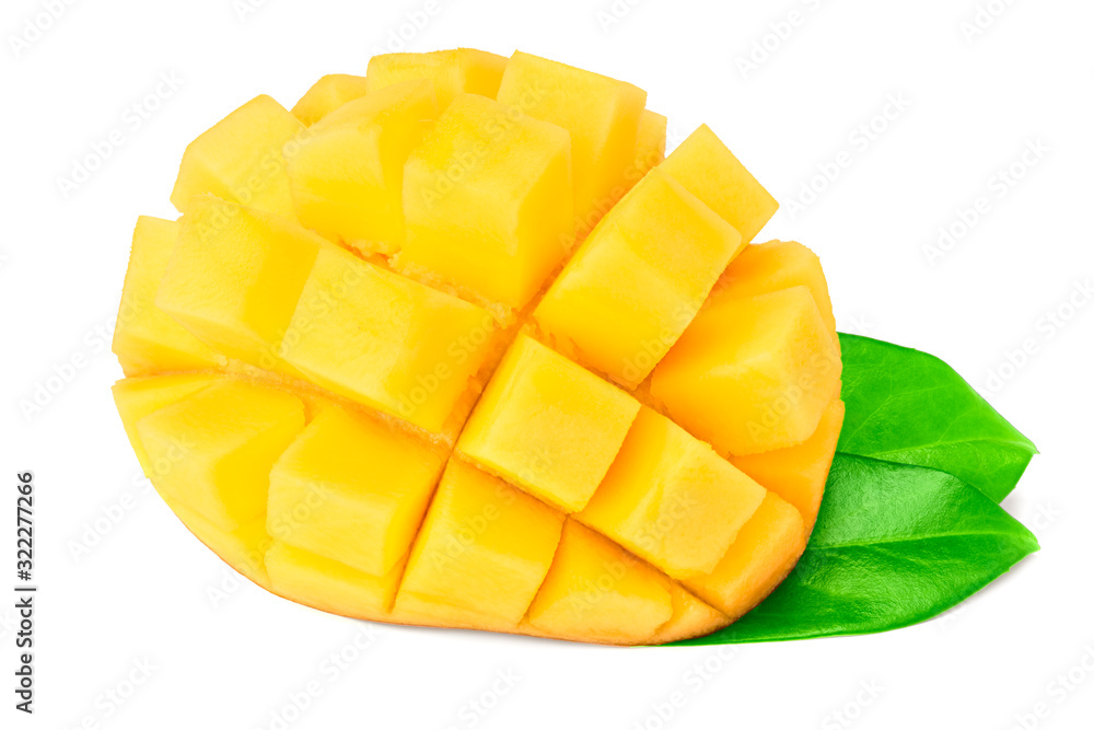 mango with green leaves isolated on white background. healthy food.