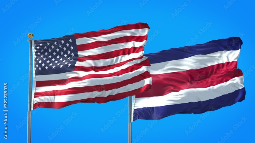 Costa Rica and United States flag waving in deep blue sky together. High Definition 3D Render. Costa Rica and United States flag waving in deep blue sky together. High Definition 3D Render.