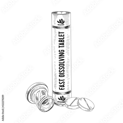 Medical effervescent pills bottle with cap, hand drawn vector illustration.