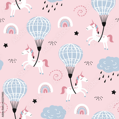 Childish seamless pattern with cute unicorn and air ballon.