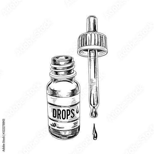 Medical drops, bottle with dropper. Hand drawn vector illustration.