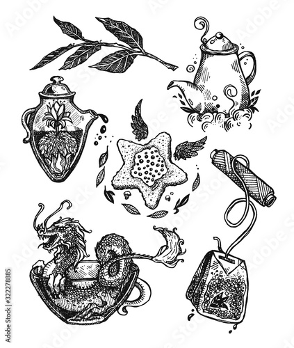 Doodle illustration set with tea stuff. Cup, cookie, tea dragon, teapot, kettle, glass mug, tea bag. Graphic doodle modern drawing. Line inking. Can be used as print, tattoo, etc.
