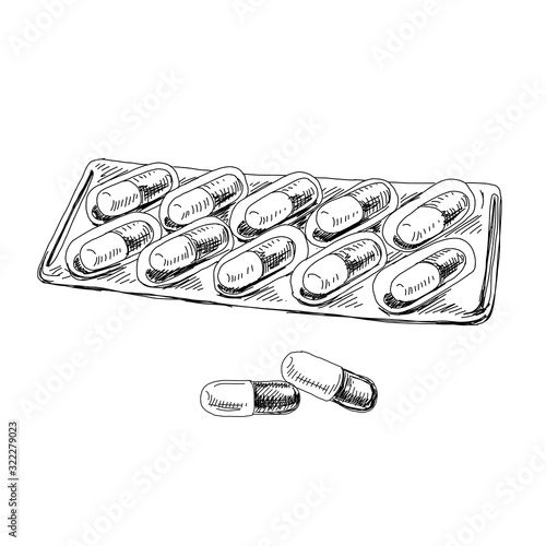 Blister package with pills, capsules, tablets. Hand drawn vector illustration.