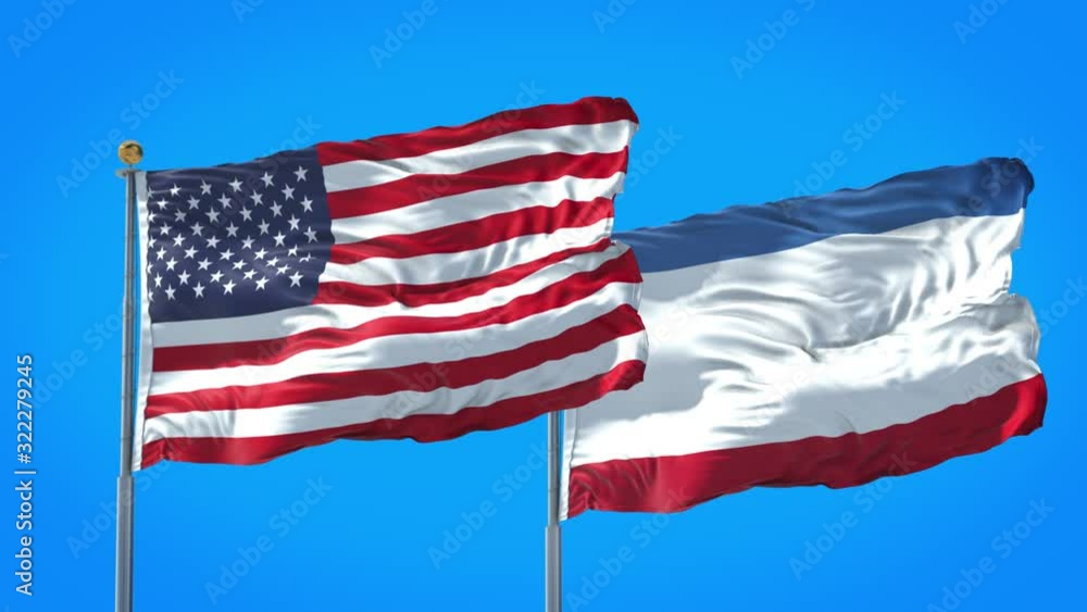 Crimea and United States flag waving in deep blue sky together. High Definition 3D Render. Crimea and United States flag waving in deep blue sky together. High Definition 3D Render.