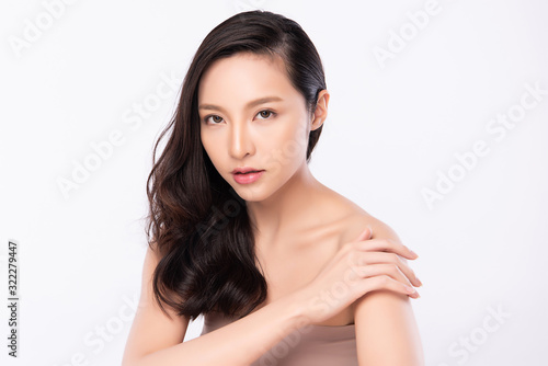 Portrait beautiful young asian woman clean fresh bare skin concept. Asian girl beauty face skincare and health wellness, Facial treatment, Perfect skin, Natural makeup, on white background,two